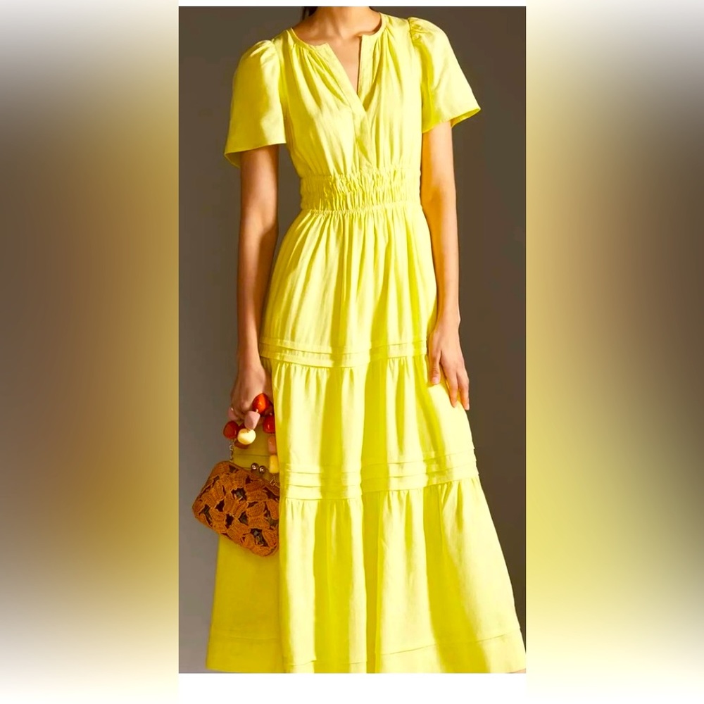 ANTHROPOLOGIE Somerset dress. Yellow Short Sleeve Maxi Dress Elastic Waistband